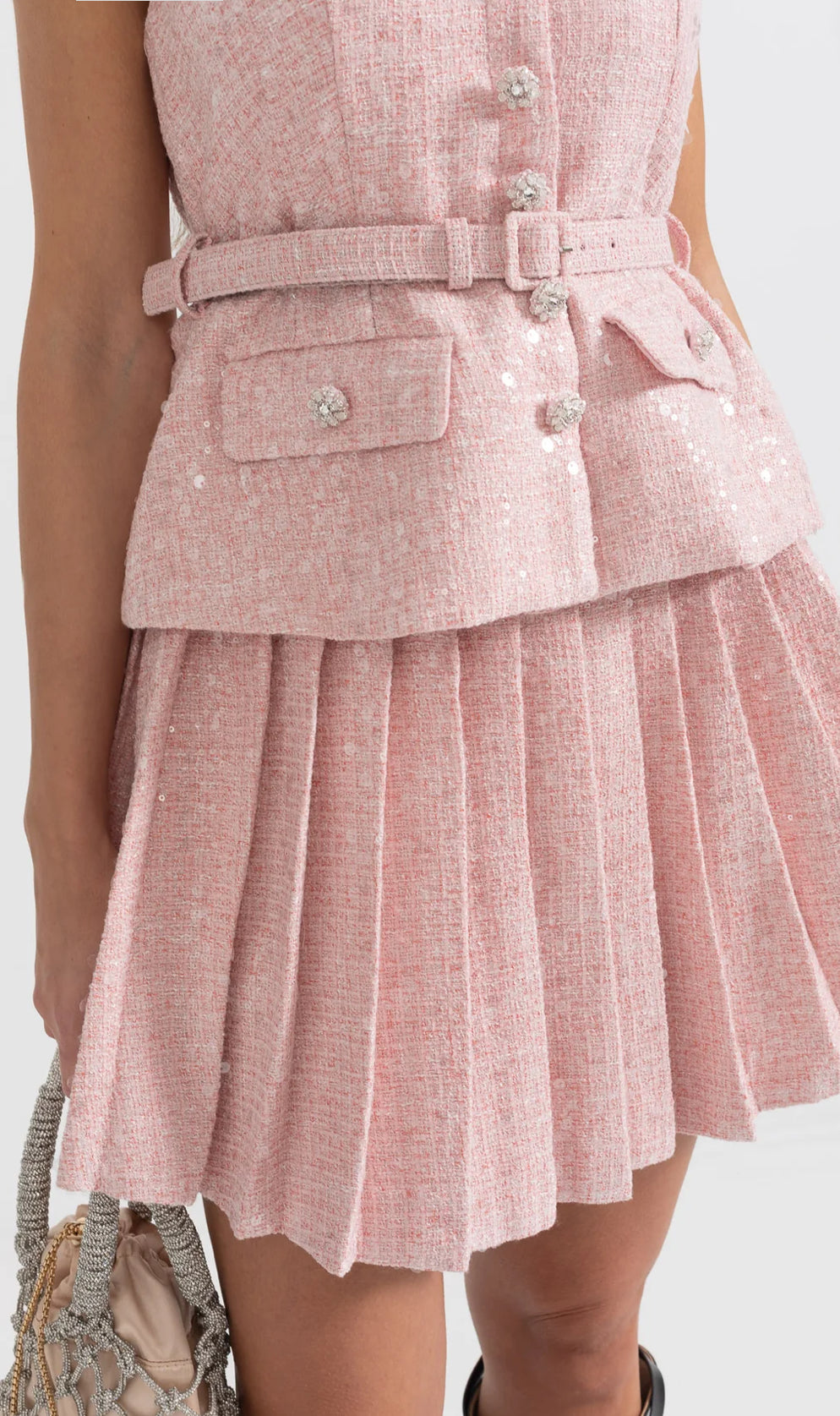 SLEEVELESS TEXTURED MINI DRESS WITH PLEATED SKIRT AND WAISTBELT - PINK