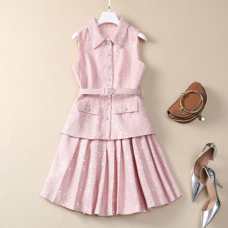 Heavy Embroidery Sequins Lapel Sleeveless Ruffled Short Dress Belt