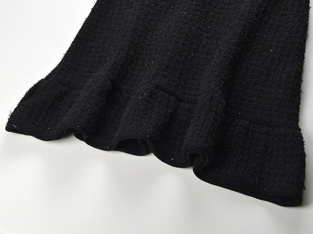 SHORT SLEEVE KNEE-LENGTH KNITTED DRESS - BLACK