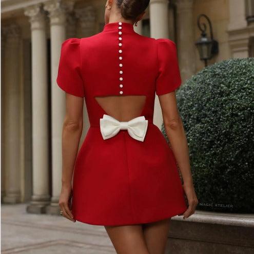 ELEGANT MINI DRESS WITH BACK CUTOUT AND BOW - RED - WHITE