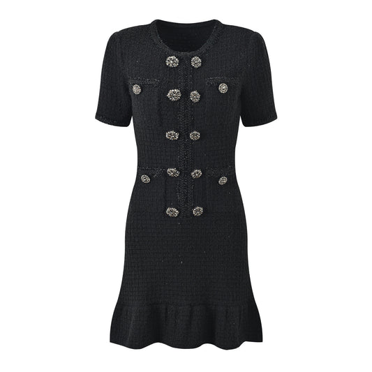 SHORT SLEEVE KNEE-LENGTH KNITTED DRESS - BLACK