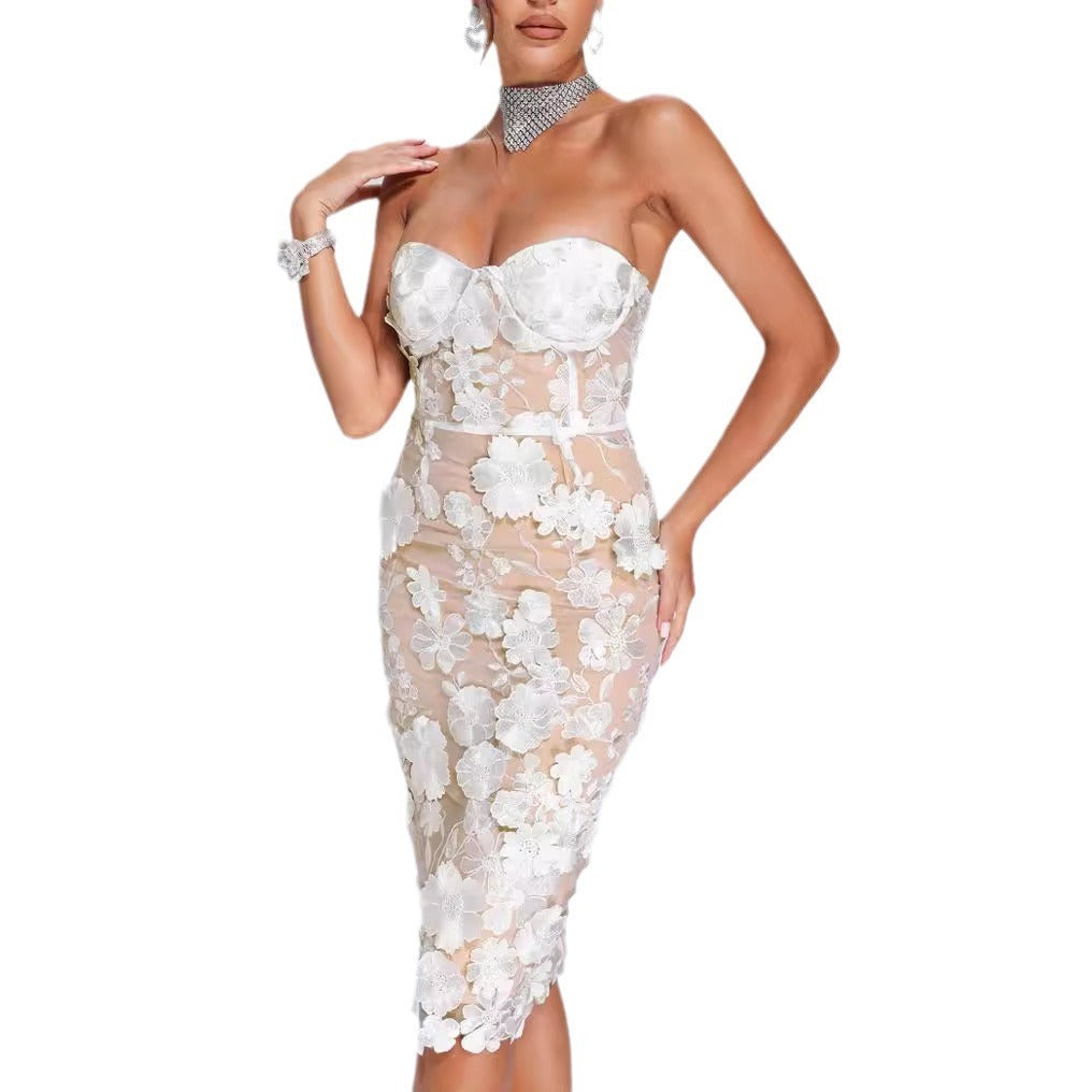 Elegant Lace Three-dimensional Flower Decoration Slim Tube Top Dress