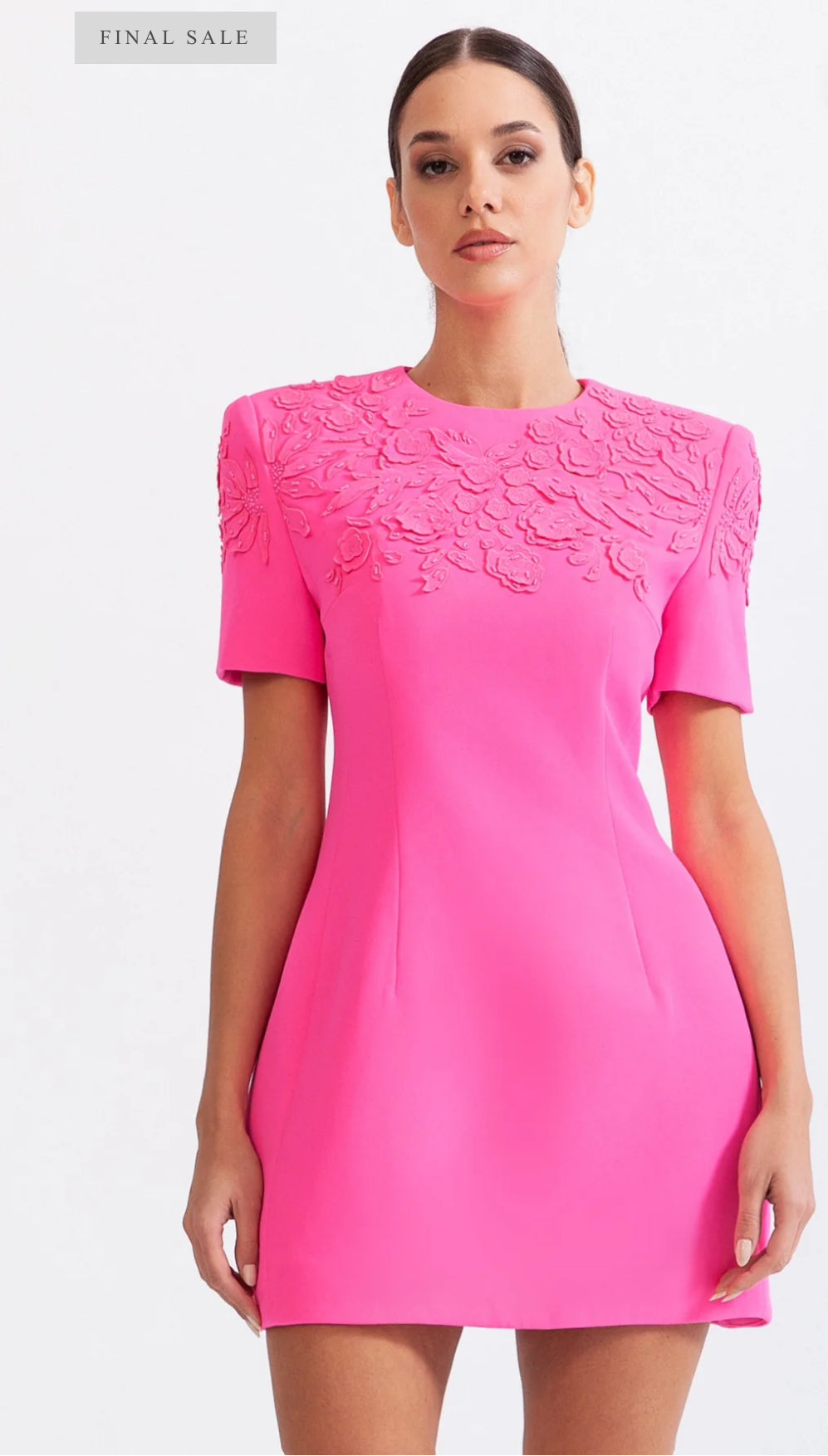 SHORT SLEEVE EMBROIDERED DRESS WITH 3D FLOWERS - FUCHSIA