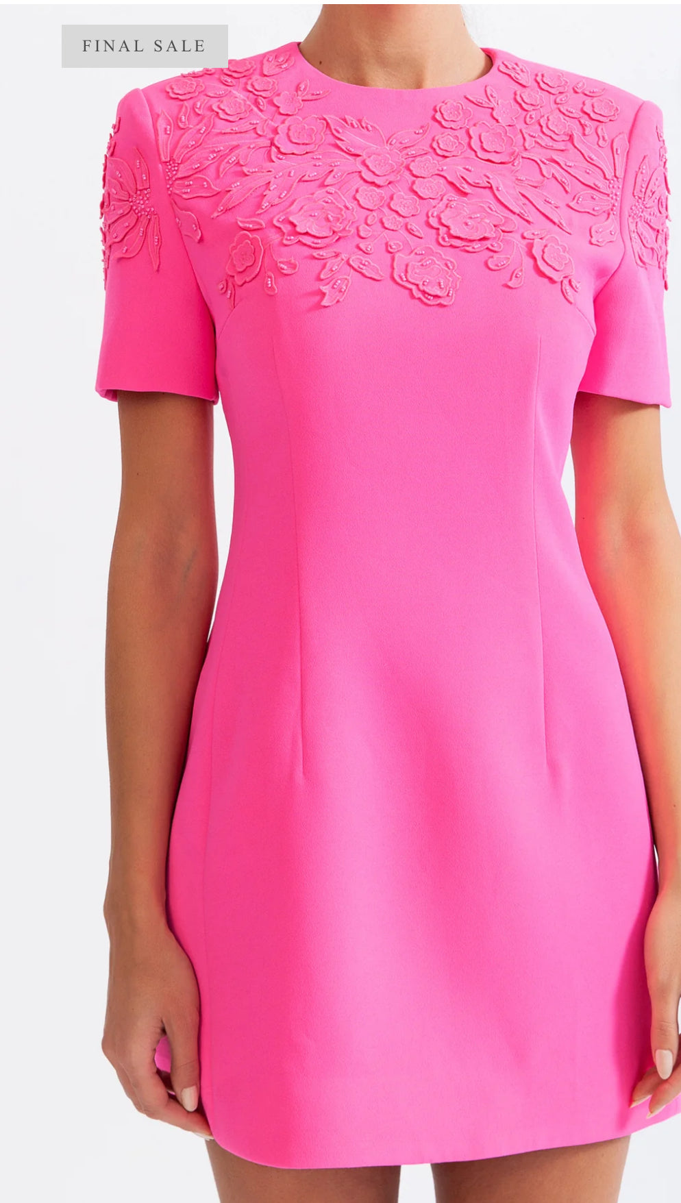 SHORT SLEEVE EMBROIDERED DRESS WITH 3D FLOWERS - FUCHSIA