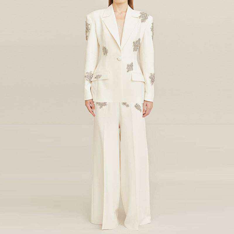 Diamond-embedded One Button Suit Coat Wide-leg Pants Suit Two Pieces