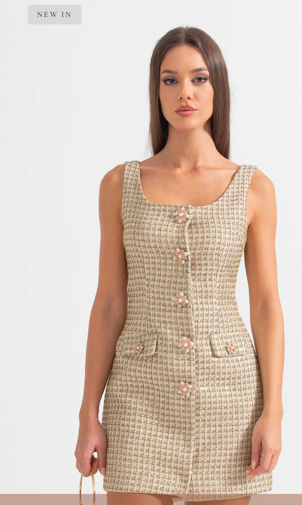 PATTERNED MINI DRESS WITH GOLD DECORATIVE BUTTONS - GOLD