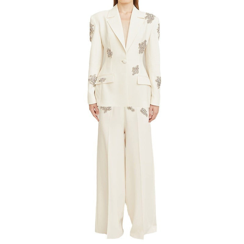 Diamond-embedded One Button Suit Coat Wide-leg Pants Suit Two Pieces