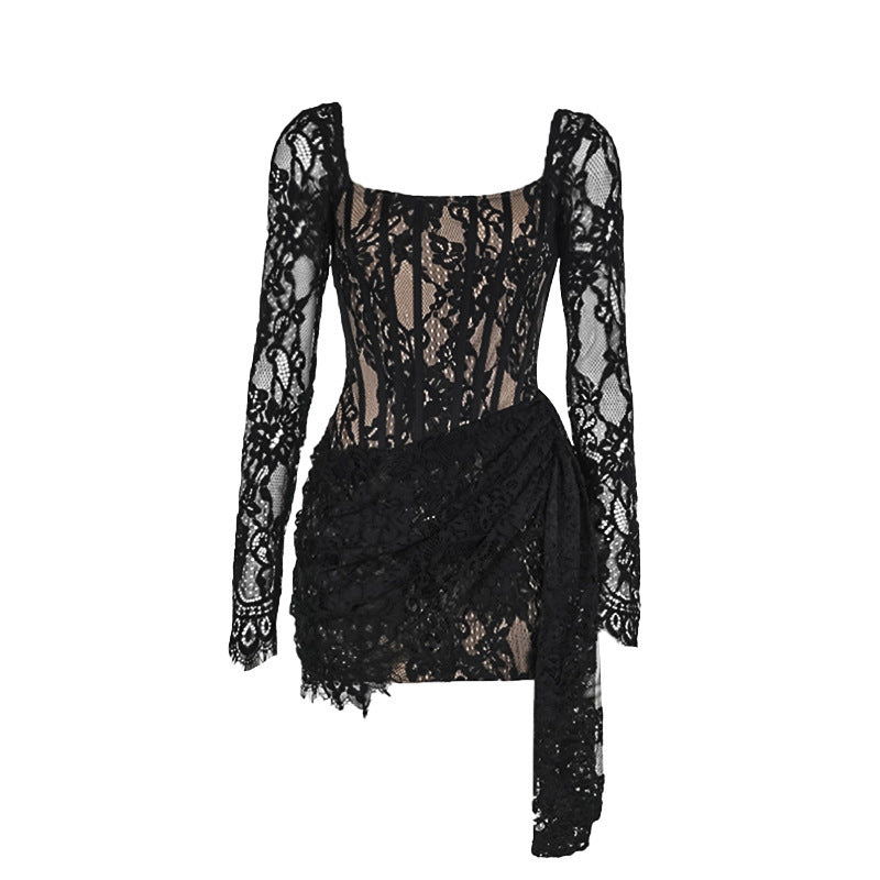 SLEEVELESS RICH LACE MINI DRESS - BLACK