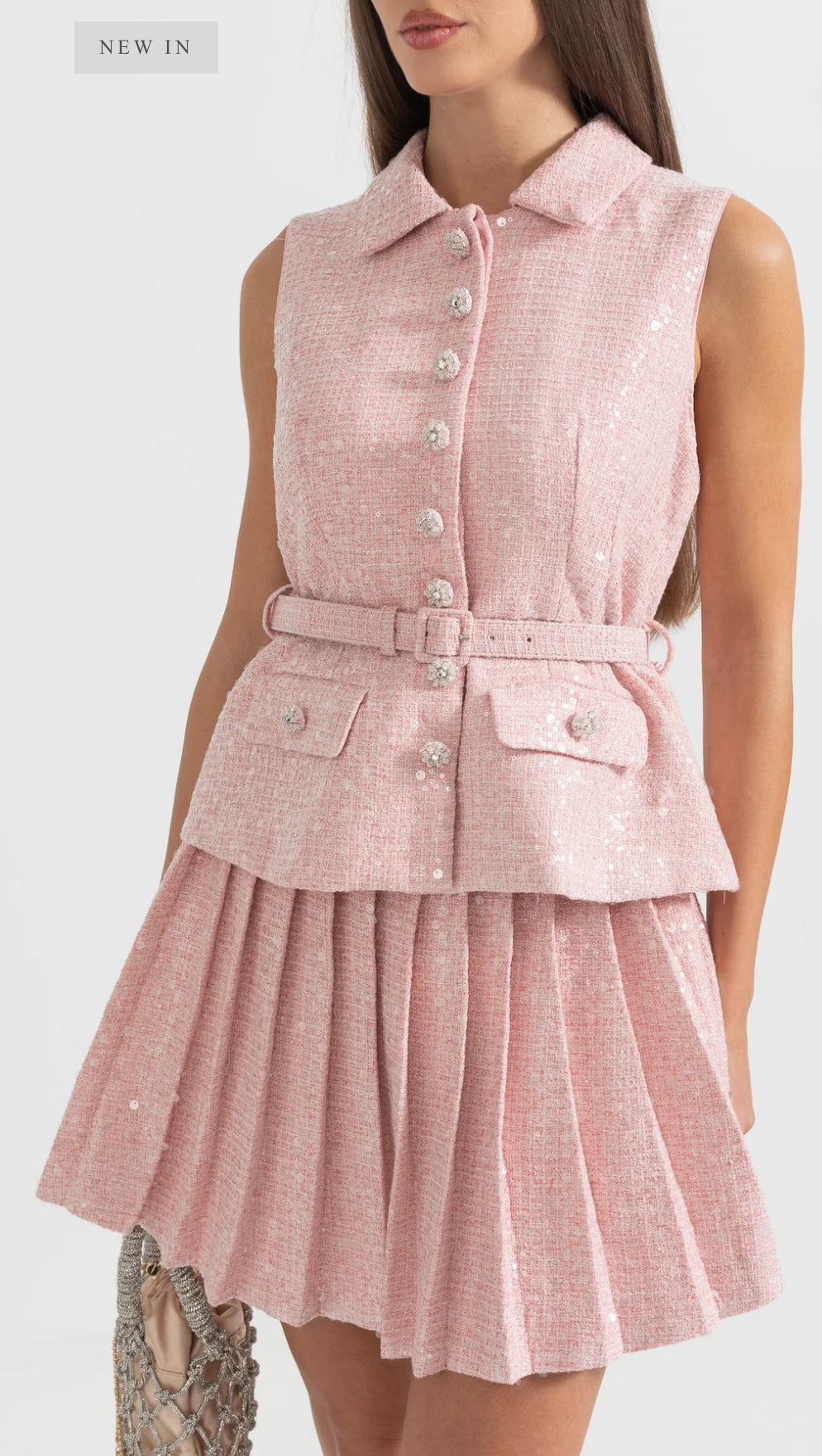 SLEEVELESS TEXTURED MINI DRESS WITH PLEATED SKIRT AND WAISTBELT - PINK