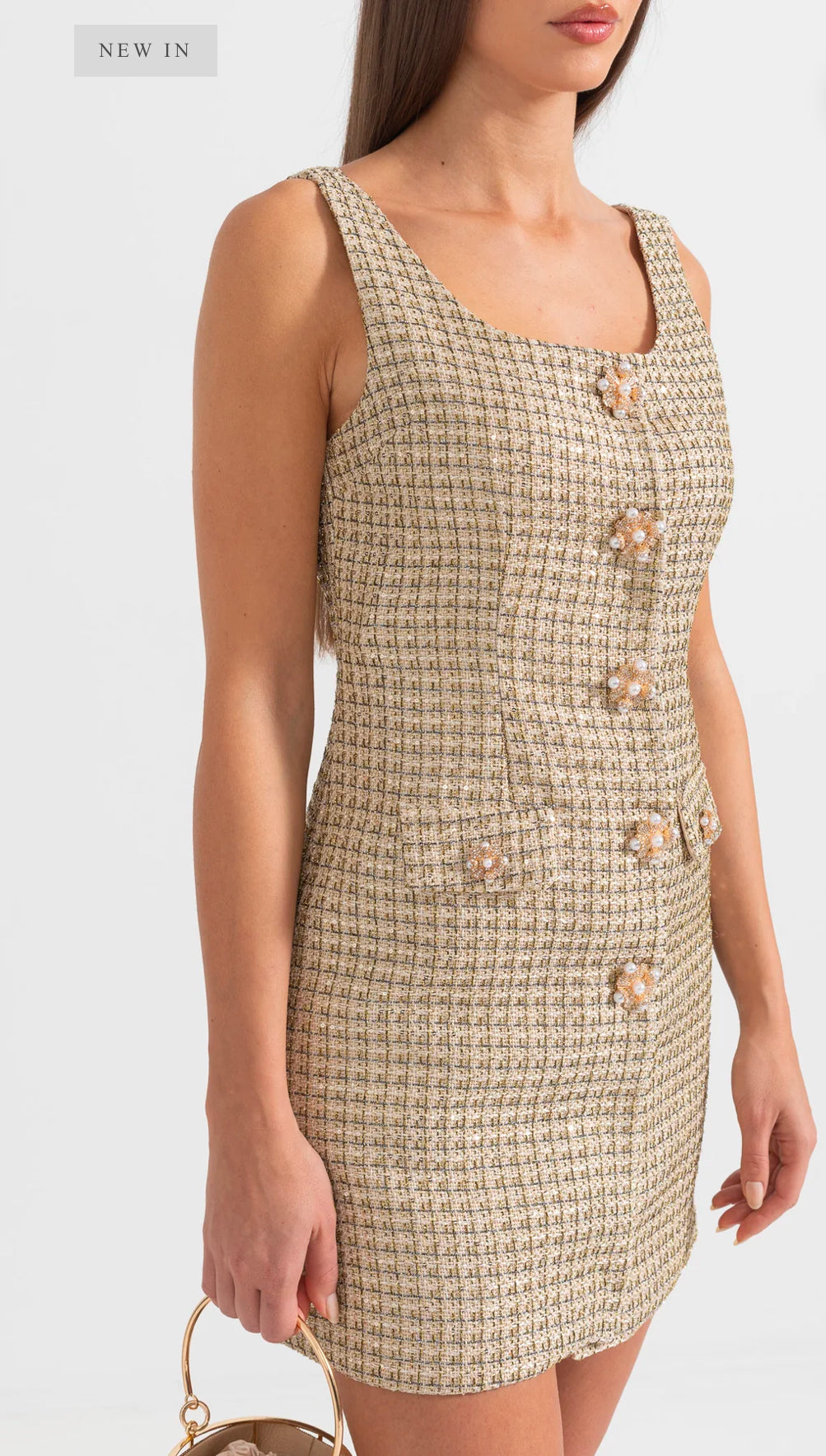 PATTERNED MINI DRESS WITH GOLD DECORATIVE BUTTONS - GOLD