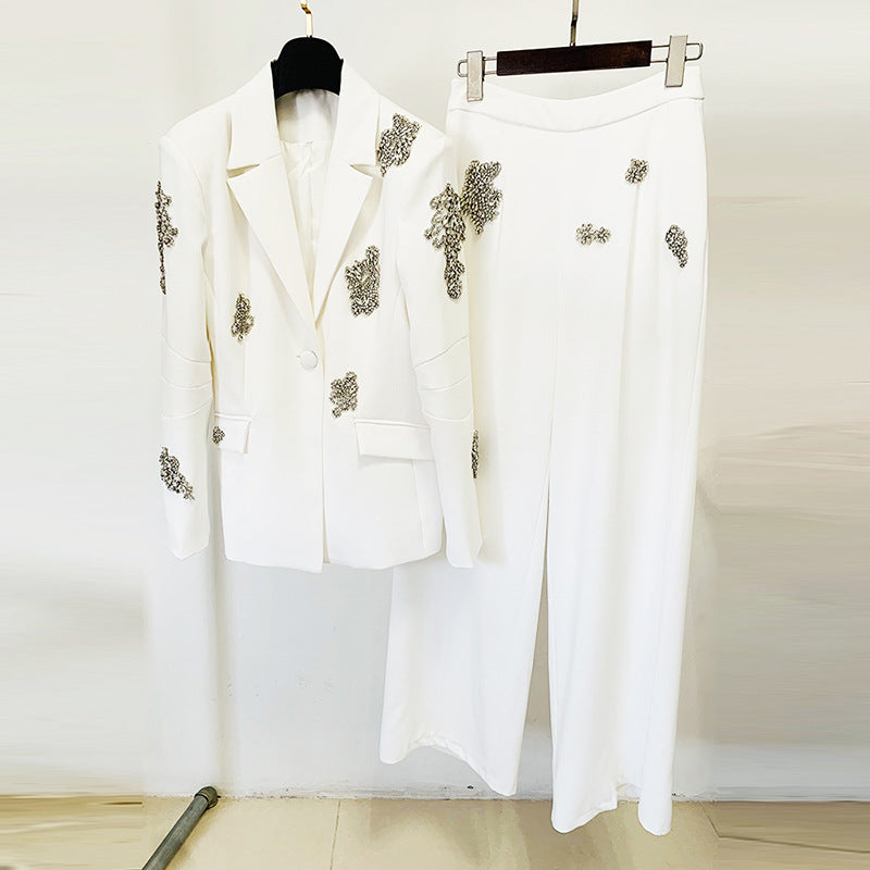 Diamond-embedded One Button Suit Coat Wide-leg Pants Suit Two Pieces