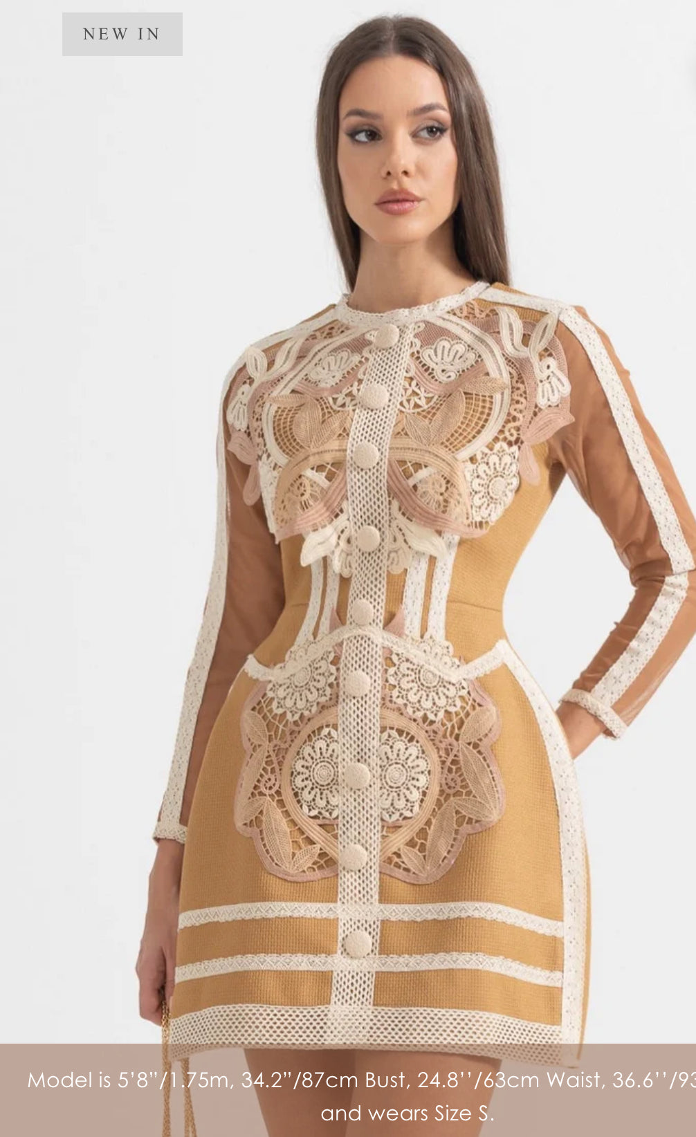 SILHOUETTE DRESS WITH LAYERED LACE DETAILS - BROWN/BEIGE