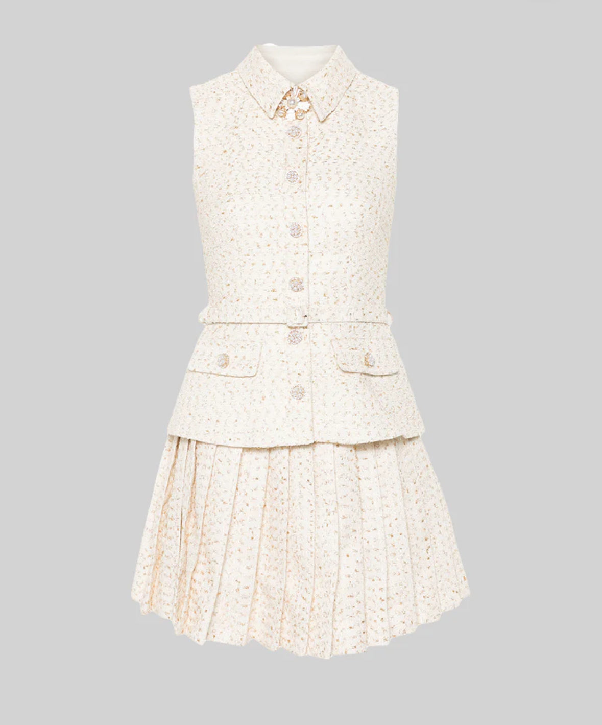 Sleeveless Textured Mini Dress With Pleated Skirt And Waistbelt