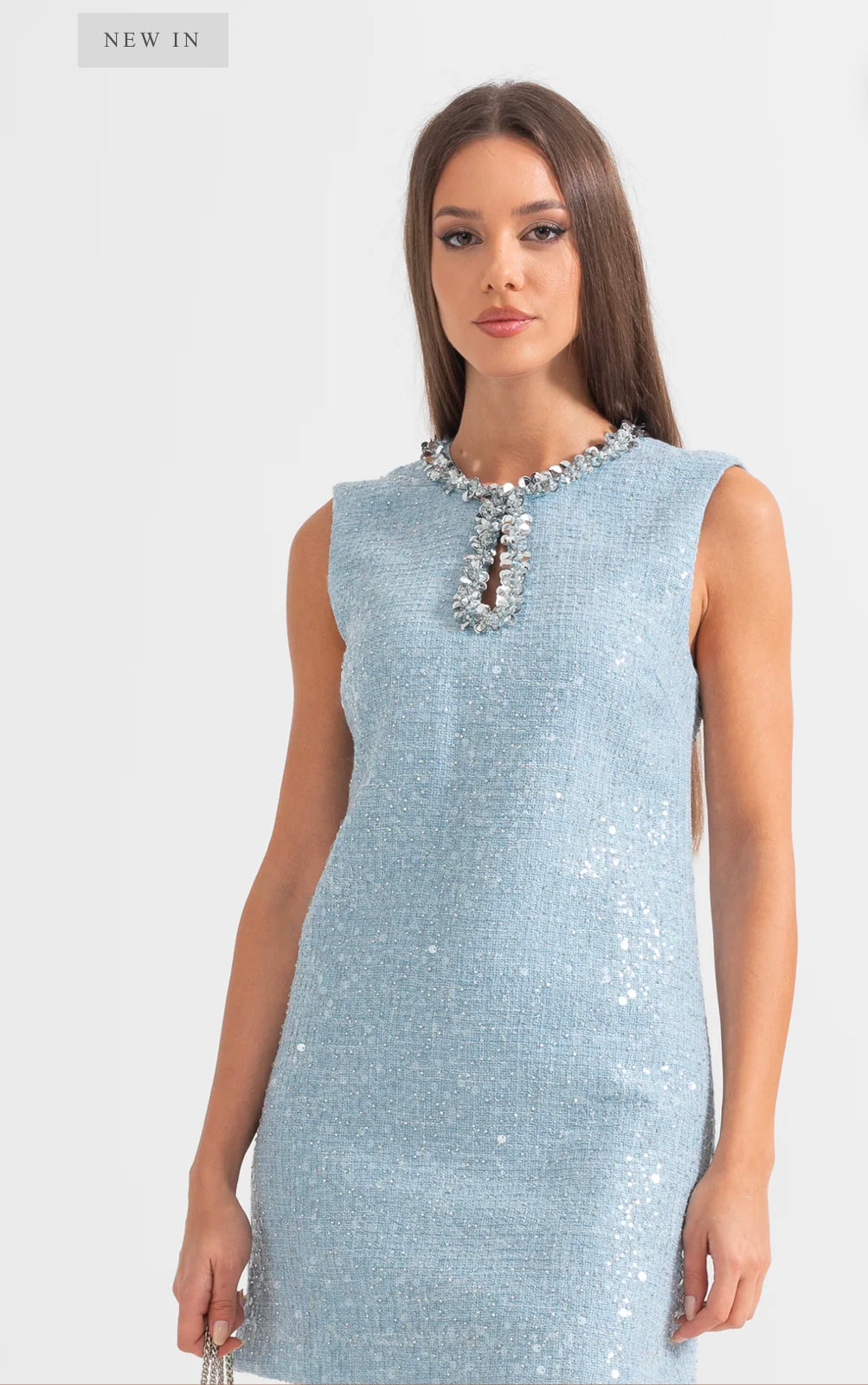 TEXTURED SLEEVELESS MINI DRESS WITH SPARKLING COLLAR DETAILS - BLUE - WHITE