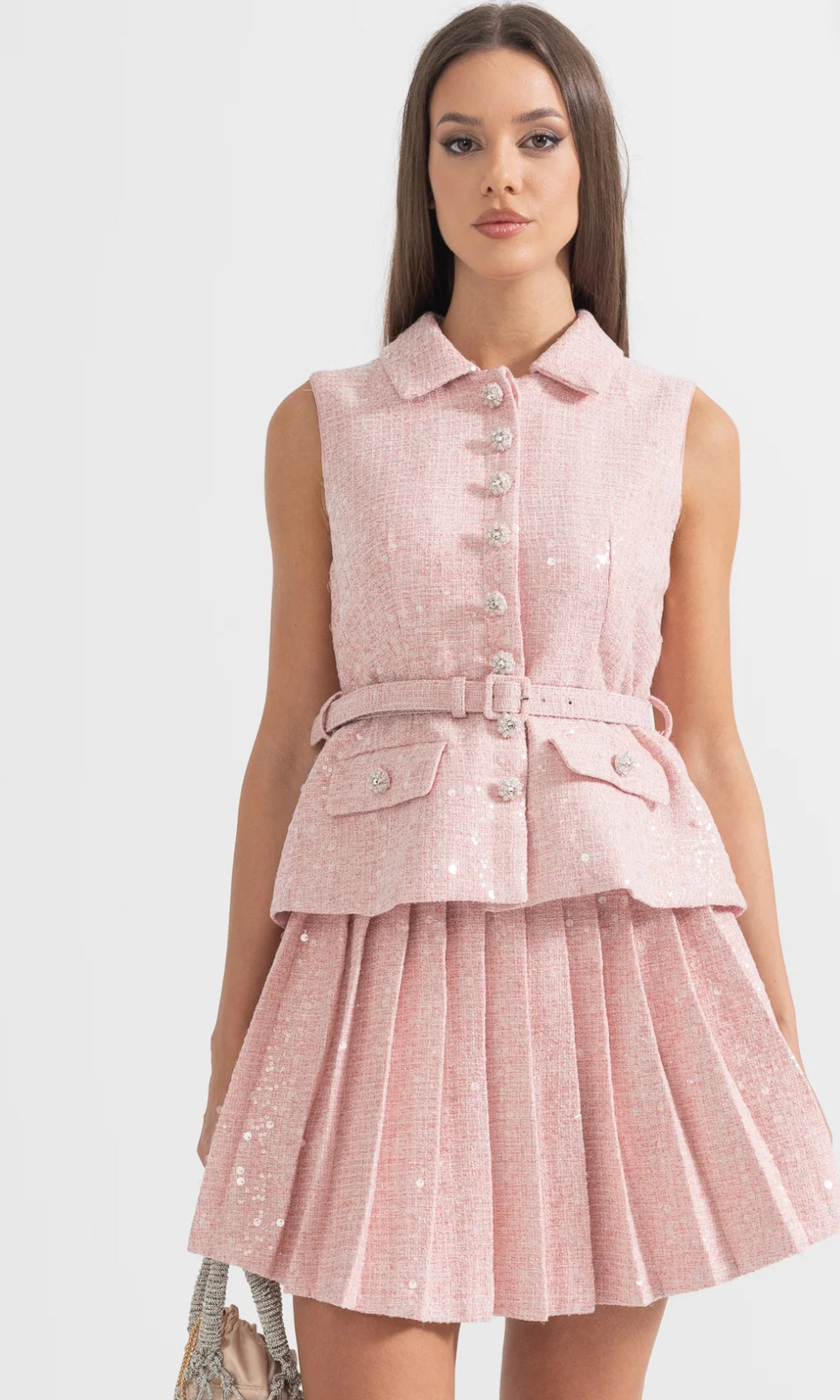 SLEEVELESS TEXTURED MINI DRESS WITH PLEATED SKIRT AND WAISTBELT - PINK