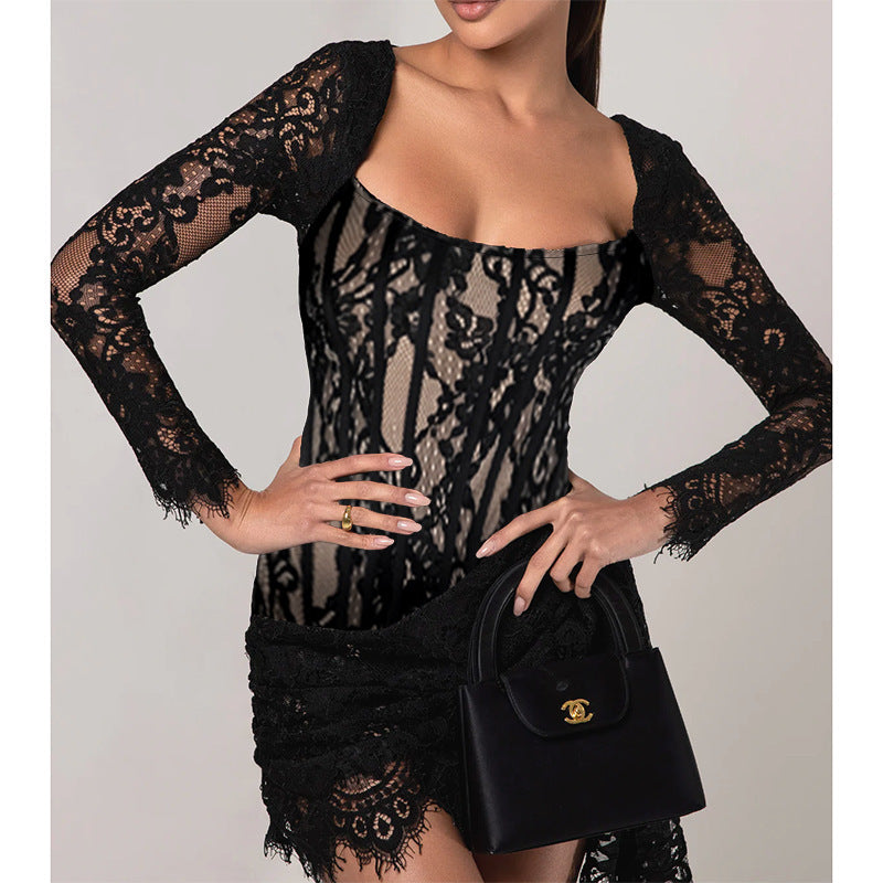 SLEEVELESS RICH LACE MINI DRESS - BLACK