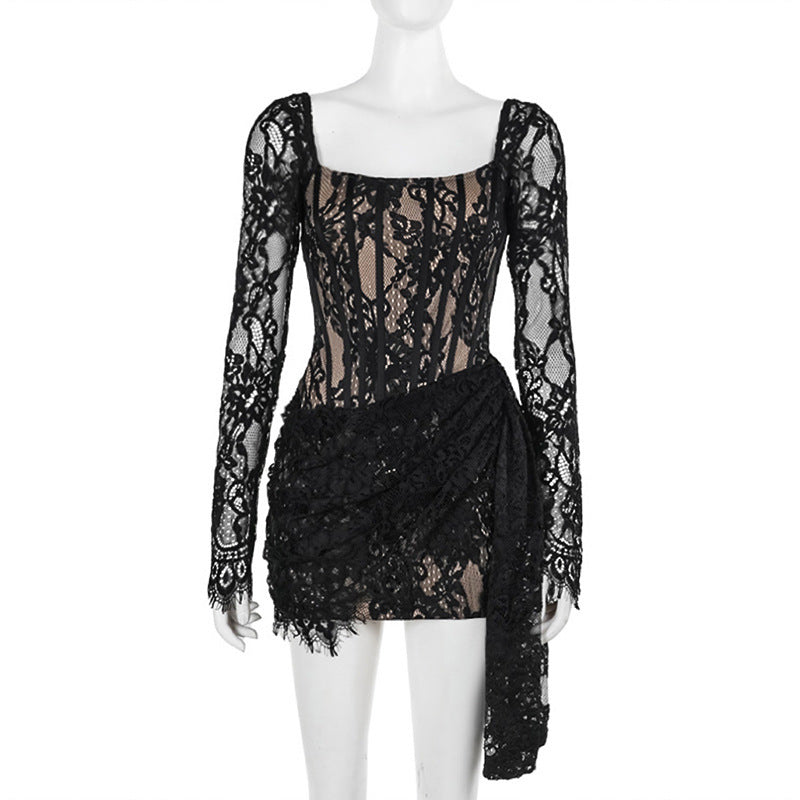 SLEEVELESS RICH LACE MINI DRESS - BLACK